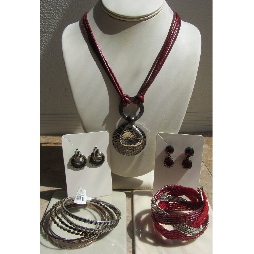 Hammered Metal & Leather Cord Modern Necklace, Bracelets, & Earring Bundle